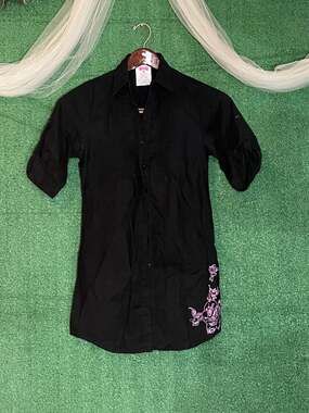 Blue Label PnK Black Button-Down Shirt Dress with Graphic Print